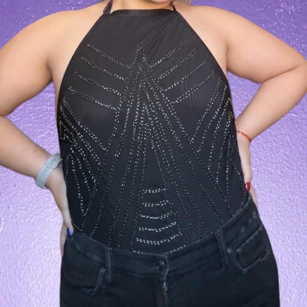 Black embelished beaded halter neck open back thong bodysuit.